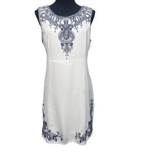 Esley White Blue Embroidered Dress Women L Sleeveless Boho Mini Shift Dress